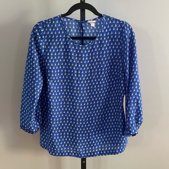 Merona Blue White Yellow Sailboat Print Long Sleeve Blouse Size Small - Picture 1 of 4